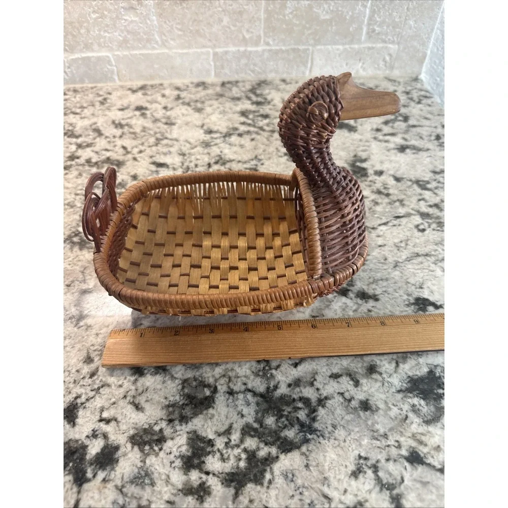 Vintage Wicker Duck Basket Woven Rattan Wood Beak Farmhouse Country Animal Boho